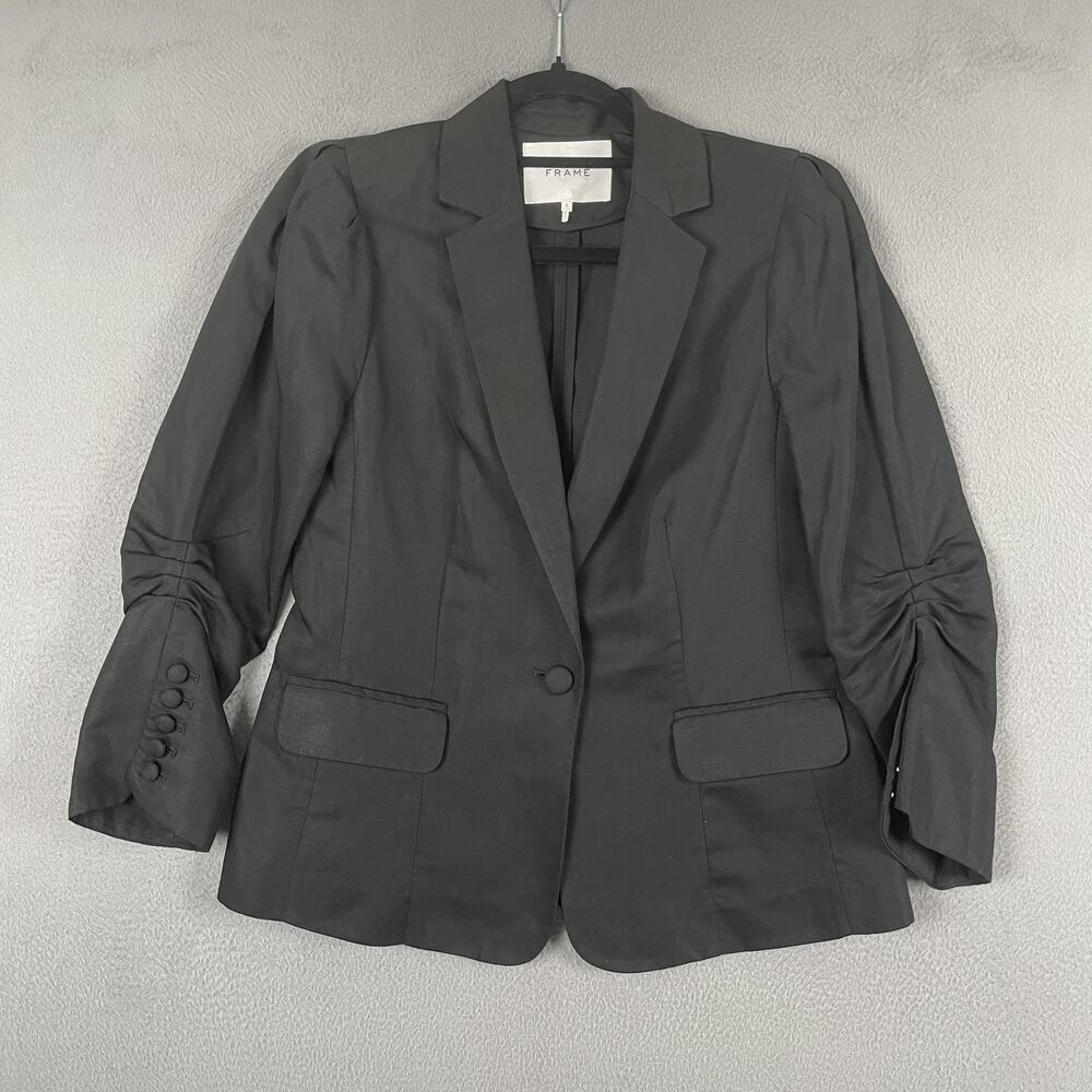Frame Blazer Womens 4 Linen Blend Ruched Sleeve Single Button Jacket Office Work